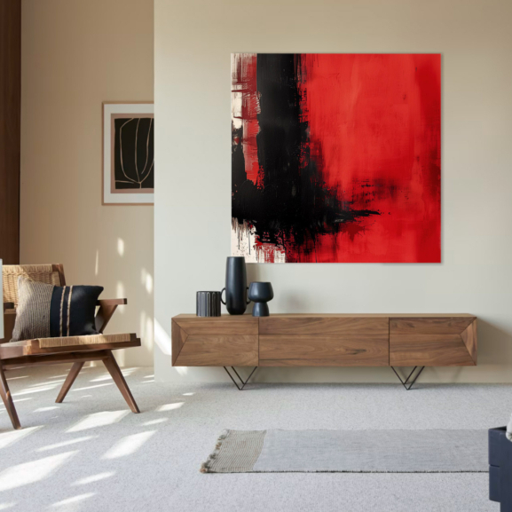 quadro rosso e nero su parete beige